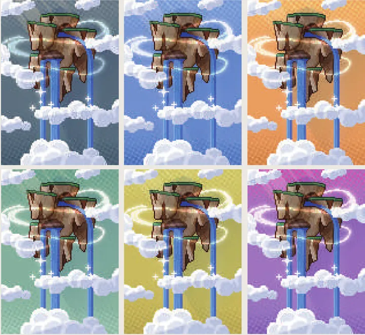 六種配色的像素風學員名牌：雲端上的浮空島與瀑布